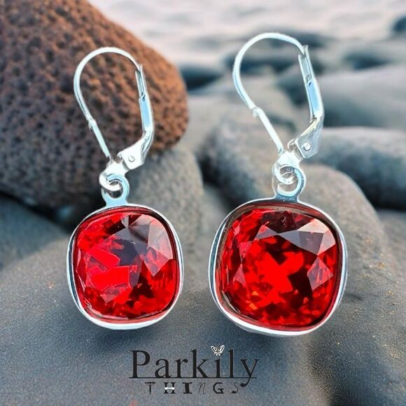 Handcrafted earrings with red Siam Swarovski crystal - Picture 1 of 3
